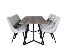 ebuy24 MarinaGRBL eethoek eetkamertafel el hout decor grijs en 6 Velvet Deluxe eetkamerstal lichtgrijs, zwart.