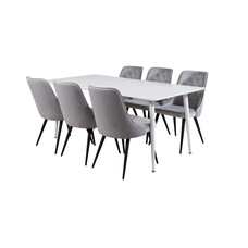 ebuy24 Polar180X90WHWH eethoek eetkamertafel wit en 6 Velvet Deluxe eetkamerstal velours lichtgrijs.