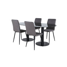 ebuy24 Pillan eethoek eetkamertafel zwart glas marmer decor en 4 Windu Lyx eetkamerstal grijs.