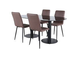 ebuy24 Pillan eethoek eetkamertafel zwart glas marmer decor en 4 Windu Lyx eetkamerstal bruin.