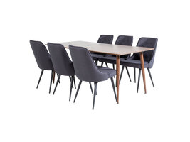 ebuy24 Polar180X90WNWN eethoek eetkamertafel Okkernoot decor en 6 Velvet Deluxe eetkamerstal zwart.