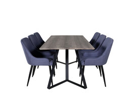 ebuy24 MarinaGRBL eethoek eetkamertafel el hout decor grijs en 6 Plaza eetkamerstal blauw, zwart.
