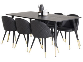 ebuy24 Dipp180x90BLBR eethoek eetkamertafel zwart en 6 Velvet eetkamerstal PU kunstleer zwart.