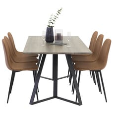 ebuy24 MarinaGRBL eethoek eetkamertafel el hout decor grijs en 6 Polar eetkamerstal PU kunstleer bruin.