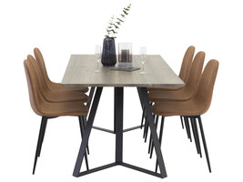 ebuy24 MarinaGRBL eethoek eetkamertafel el hout decor grijs en 6 Polar eetkamerstal PU kunstleer bruin.