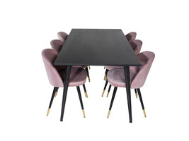 ebuy24 Dipp180x90BLBL eethoek eetkamertafel zwart en 6 Velvet eetkamerstal velours roze, zwart, messing decor.