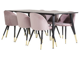 ebuy24 Dipp180x90BLBR eethoek eetkamertafel zwart en 6 Velvet eetkamerstal velours roze, zwart, messing decor.