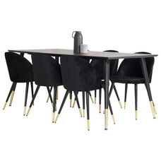 ebuy24 Dipp180x90BLBR eethoek eetkamertafel zwart en 6 Velvet eetkamerstal velours zwart, messing decor.