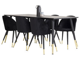 ebuy24 Dipp180x90BLBR eethoek eetkamertafel zwart en 6 Velvet eetkamerstal velours zwart, messing decor.