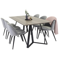 ebuy24 MarinaGRBL eethoek eetkamertafel el hout decor grijs en 6 Velvet eetkamerstal velours lichtgrijs.