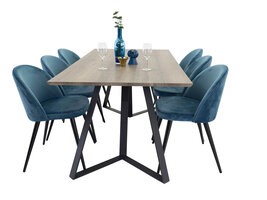 ebuy24 MarinaGRBL eethoek eetkamertafel el hout decor grijs en 6 Velvet eetkamerstal velours blauw, zwart.