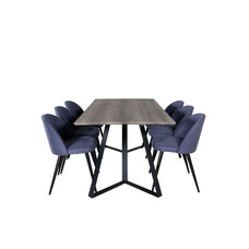 ebuy24 MarinaGRBL eethoek eetkamertafel el hout decor grijs en 6 Velvet eetkamerstal blauw.