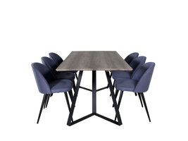 ebuy24 MarinaGRBL eethoek eetkamertafel el hout decor grijs en 6 Velvet eetkamerstal blauw.