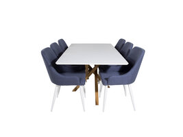 ebuy24 Piazza180x90WHNA eethoek eetkamertafel wit en 6 Plaza eetkamerstal blauw, wit.