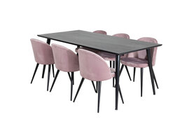 ebuy24 Dipp180x90BLBL eethoek eetkamertafel zwart en 6 Velvet eetkamerstal velours roze, zwart.