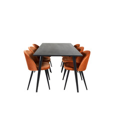 ebuy24 Dipp180x90BLBL eethoek eetkamertafel zwart en 6 Velvet eetkamerstal velours oranje, zwart.