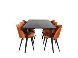 ebuy24 Dipp180x90BLBL eethoek eetkamertafel zwart en 6 Velvet eetkamerstal velours oranje, zwart.