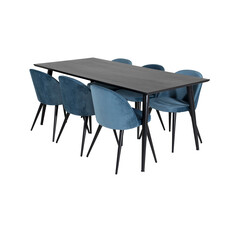 ebuy24 Dipp180x90BLBL eethoek eetkamertafel zwart en 6 Velvet eetkamerstal velours blauw, zwart.