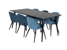 ebuy24 Dipp180x90BLBL eethoek eetkamertafel zwart en 6 Velvet eetkamerstal velours blauw, zwart.