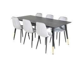 ebuy24 Dipp180x90BLBR eethoek eetkamertafel zwart en 6 Polar Diamond eetkamerstal velours grijs.