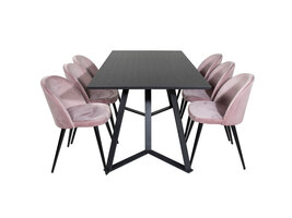 ebuy24 MarinaBLBL eethoek eetkamertafel zwart en 6 Velvet eetkamerstal velours roze, zwart.