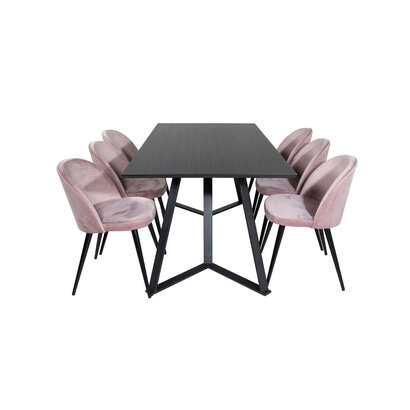 ebuy24 MarinaBLBL eethoek eetkamertafel zwart en 6 Velvet eetkamerstal velours roze, zwart.