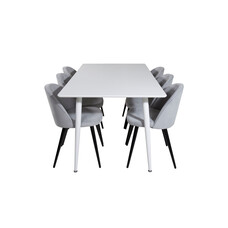 ebuy24 Polar180X90WHWH eethoek eetkamertafel wit en 6 Velvet eetkamerstal fluweel lichtgrijs, zwart.