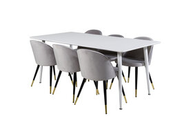 ebuy24 Polar180X90WHWH eethoek eetkamertafel wit en 6 Velvet eetkamerstal velours lichtgrijs.