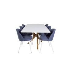 ebuy24 Piazza180x90WHNA eethoek eetkamertafel wit en 6 Velvet eetkamerstal blauw.