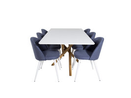 ebuy24 Piazza180x90WHNA eethoek eetkamertafel wit en 6 Velvet eetkamerstal blauw.