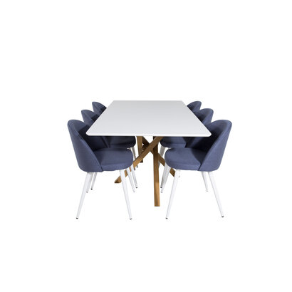 ebuy24 Piazza180x90WHNA eethoek eetkamertafel wit en 6 Velvet eetkamerstal blauw.