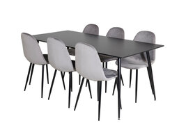 ebuy24 SilarBL180 eethoek eetkamertafel zwart en 6 Polar eetkamerstal velours grijs.