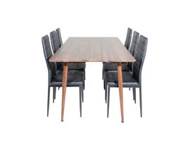 ebuy24 Polar180X90WNWN eethoek eetkamertafel Okkernoot decor en 6 Slim High Back eetkamerstal PU kunstleer zwart.