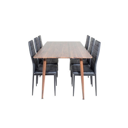 ebuy24 Polar180X90WNWN eethoek eetkamertafel Okkernoot decor en 6 Slim High Back eetkamerstal PU kunstleer zwart.