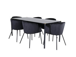 ebuy24 Pelle eethoek eetkamertafel zwart en 6 Berit eetkamerstal velours zwart.