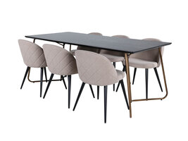 ebuy24 PippiCO eethoek eetkamertafel zwart en 6 Velvet Stitches eetkamerstal beige.