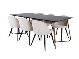 ebuy24 PippiCO eethoek eetkamertafel zwart en 6 Velvet Stitches eetkamerstal velours beige.