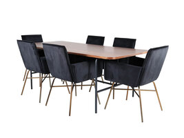 ebuy24 UnoWA eethoek eetkamertafel Okkernoot decor en 6 Pippi eetkamerstal velours zwart.