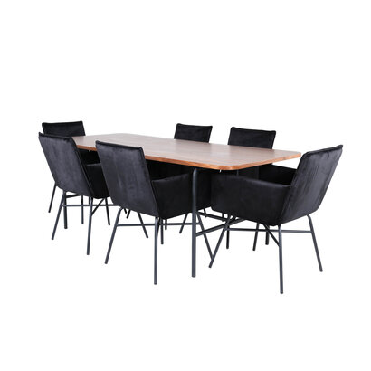 ebuy24 UnoWA eethoek eetkamertafel Okkernoot decor en 6 Pippi eetkamerstal velours zwart.