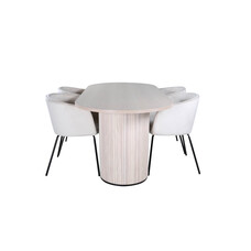 ebuy24 BiancaWW eethoek eetkamertafel eik fineer wit washed en 4 Berit eetkamerstal velours beige.