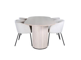 ebuy24 BiancaWW eethoek eetkamertafel eik fineer wit washed en 4 Berit eetkamerstal velours beige.