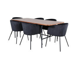 ebuy24 UnoWA eethoek eetkamertafel Okkernoot decor en 6 Berit eetkamerstal velours zwart.