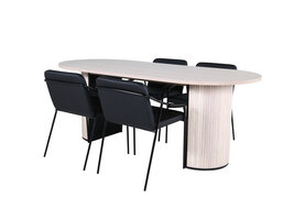 ebuy24 BiancaWW eethoek eetkamertafel eik fineer wit washed en 4 Tvist eetkamerstal PU kunstleer zwart.