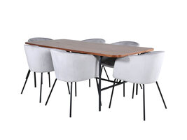 ebuy24 UnoWA eethoek eetkamertafel Okkernoot decor en 6 Berit eetkamerstal velours grijs.