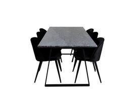 ebuy24 EstelleBLBL eethoek eetkamertafel zwart, marmer en 6 Velvet eetkamerstal velours zwart.