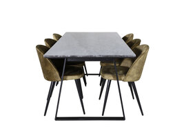 ebuy24 EstelleBLBL eethoek eetkamertafel zwart, marmer en 6 Velvet eetkamerstal velours groente, zwart.