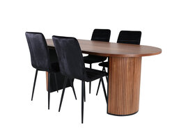 ebuy24 BiancaWA eethoek eetkamertafel Okkernoot decor en 4 Windu Lyx eetkamerstal velours zwart.