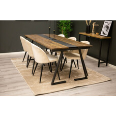 ebuy24 Jakarta eethoek eetkamertafel teakhout en 6 Velvet eetkamerstal velours beige, zwart.