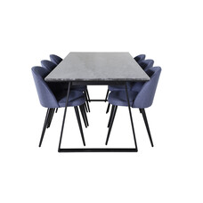 ebuy24 EstelleBLBL eethoek eetkamertafel zwart, marmer en 6 Velvet eetkamerstal blauw.