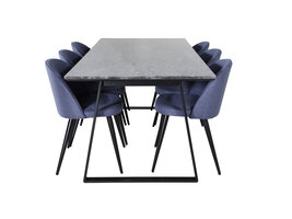 ebuy24 EstelleBLBL eethoek eetkamertafel zwart, marmer en 6 Velvet eetkamerstal blauw.